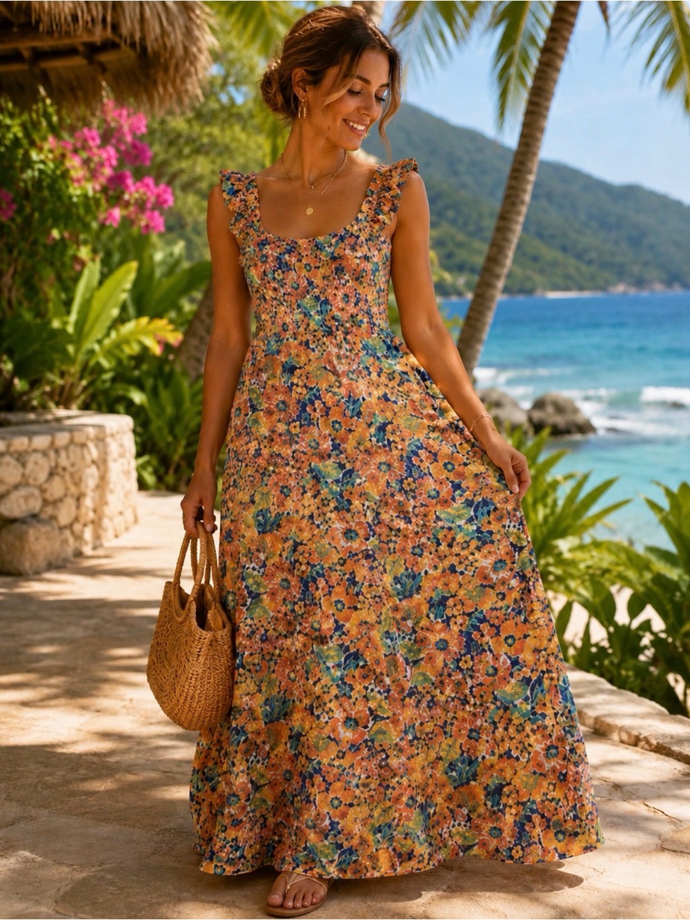 Vtg Floral Maxi Dress Ruffle Sleeves Vintage Hawaiian Muumuu Hukilau Fashions